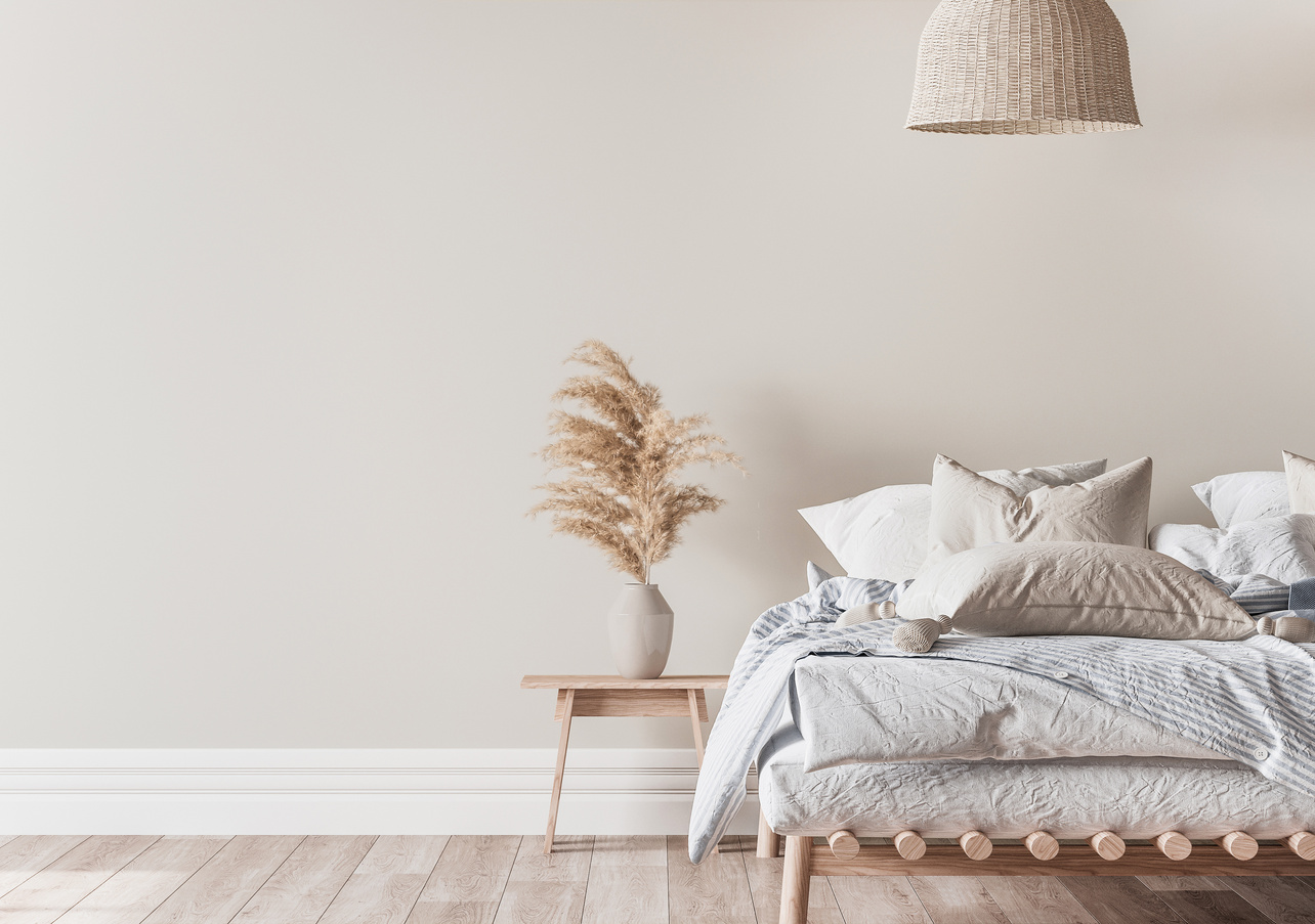 Beige and blue bedroom interior background, interior mockup